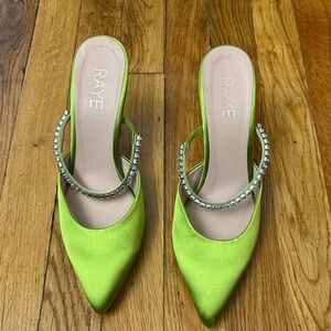 RAYE Neon Green Crystal-Embellished Pointed Satin Mules